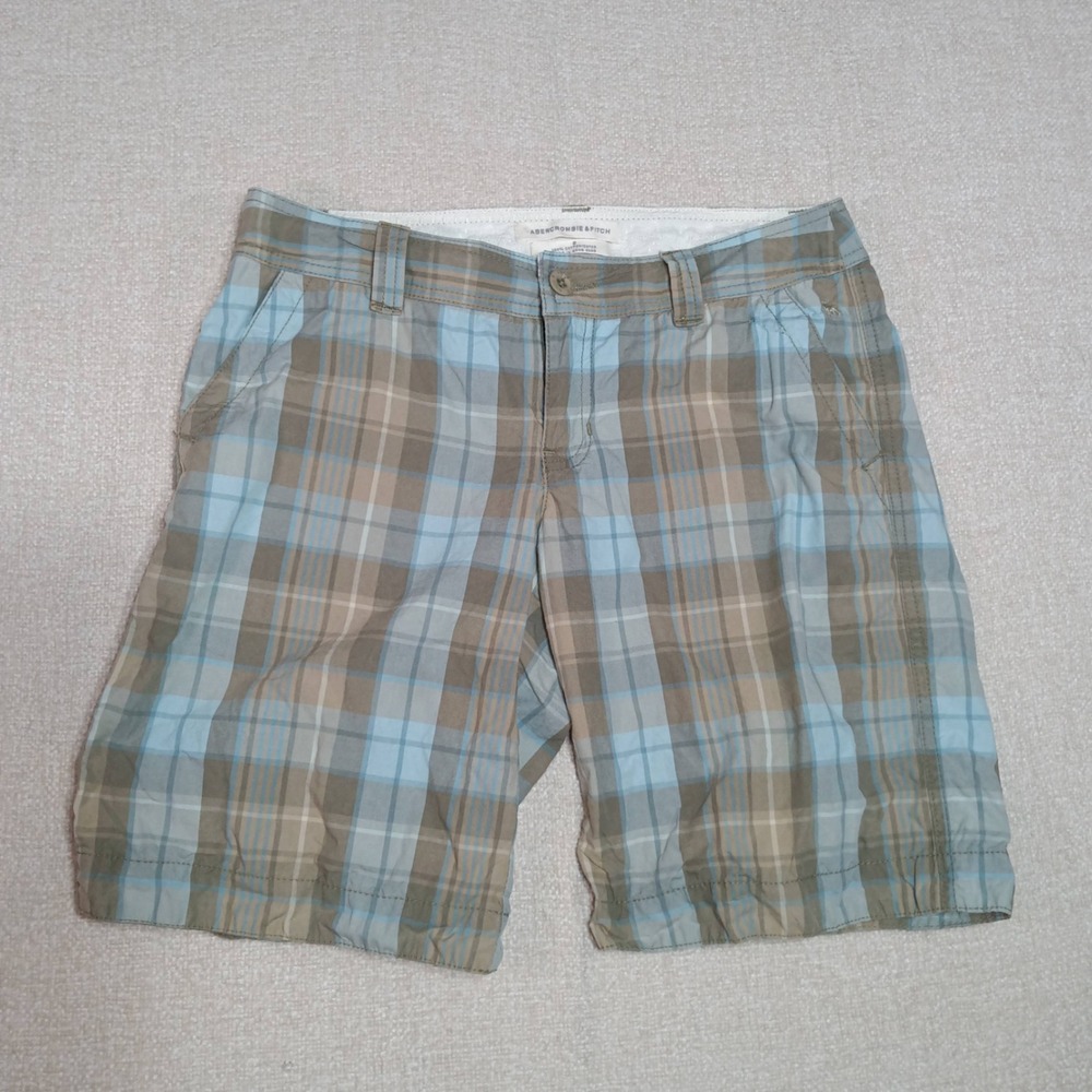 Abercrombie & Fitch Plaid Shorts Women 2 Blue Brown Embroidered Moose Y2K Preppy